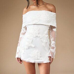 White Elegant Womens Embroidered Flap Off Shoulder Bardot Long Sleeve Mini Dress